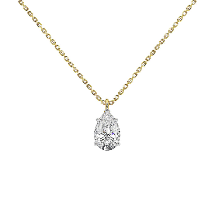 A gold chain necklace with a pear-cut diamond pendant set in a silver-colored prong setting, shown against a plain white background.
