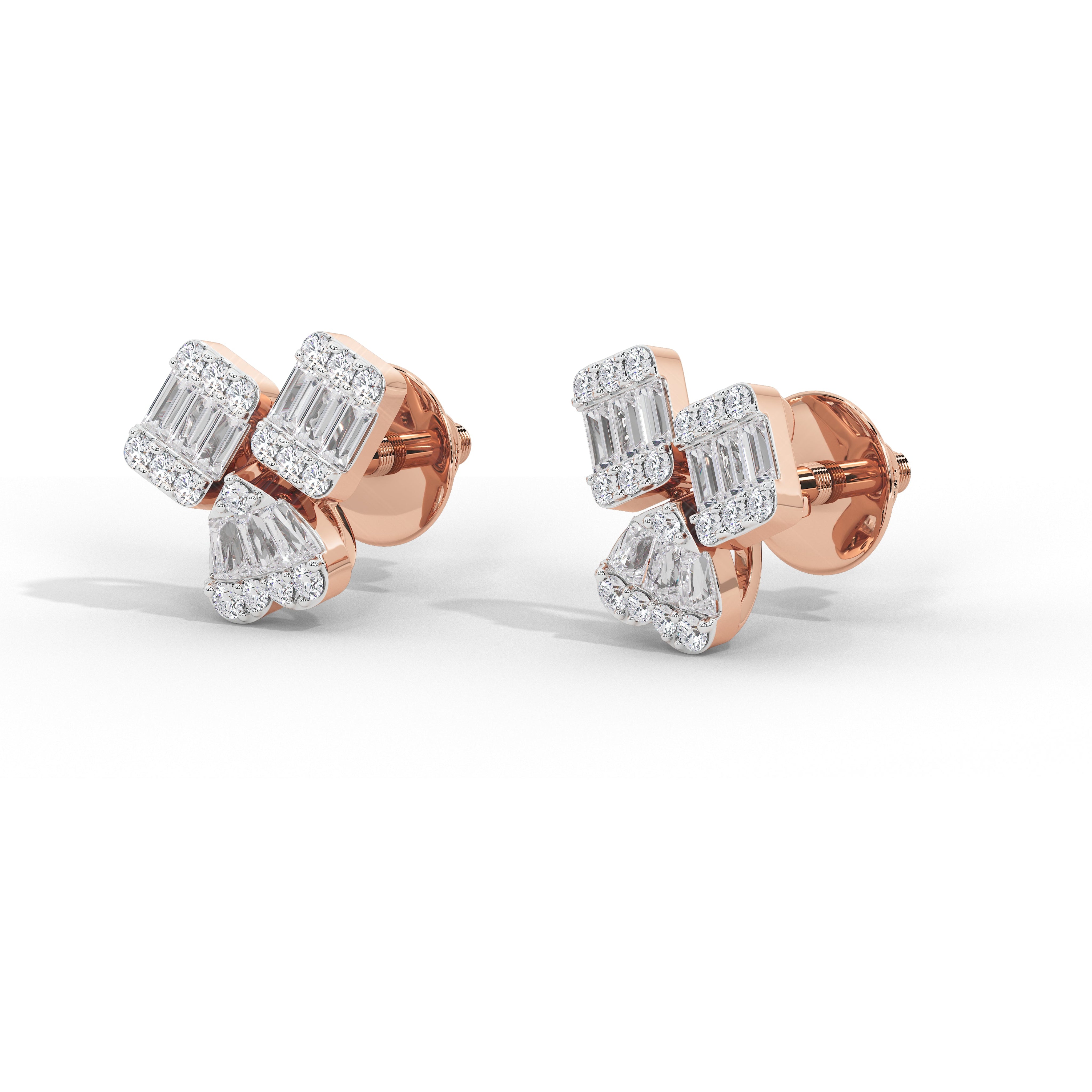 A pair of rose gold stud earrings with baguette and marquise-cut clear stones, shown on a clean white background.