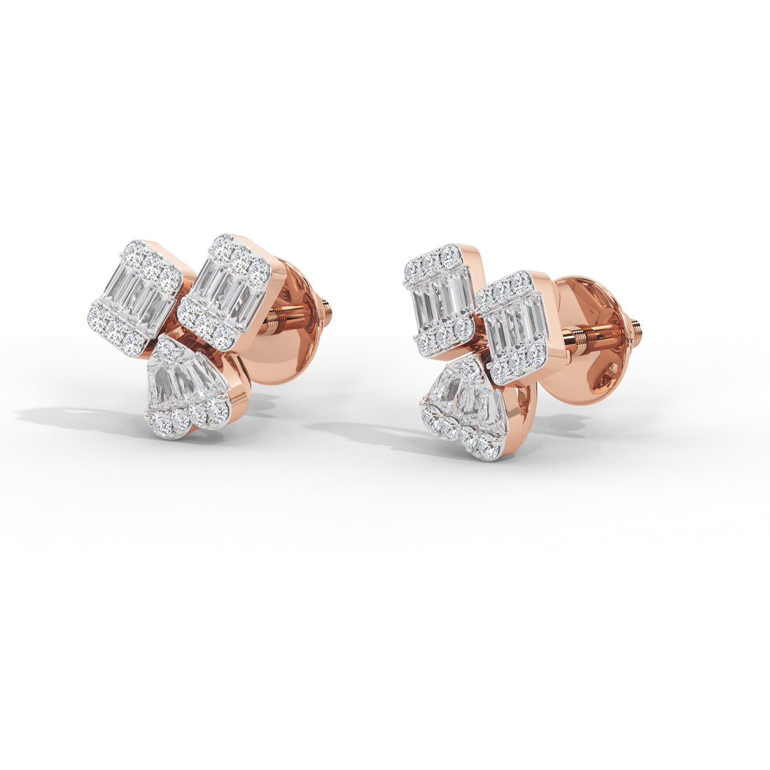 A pair of rose gold stud earrings with baguette and marquise-cut clear stones, shown on a clean white background.