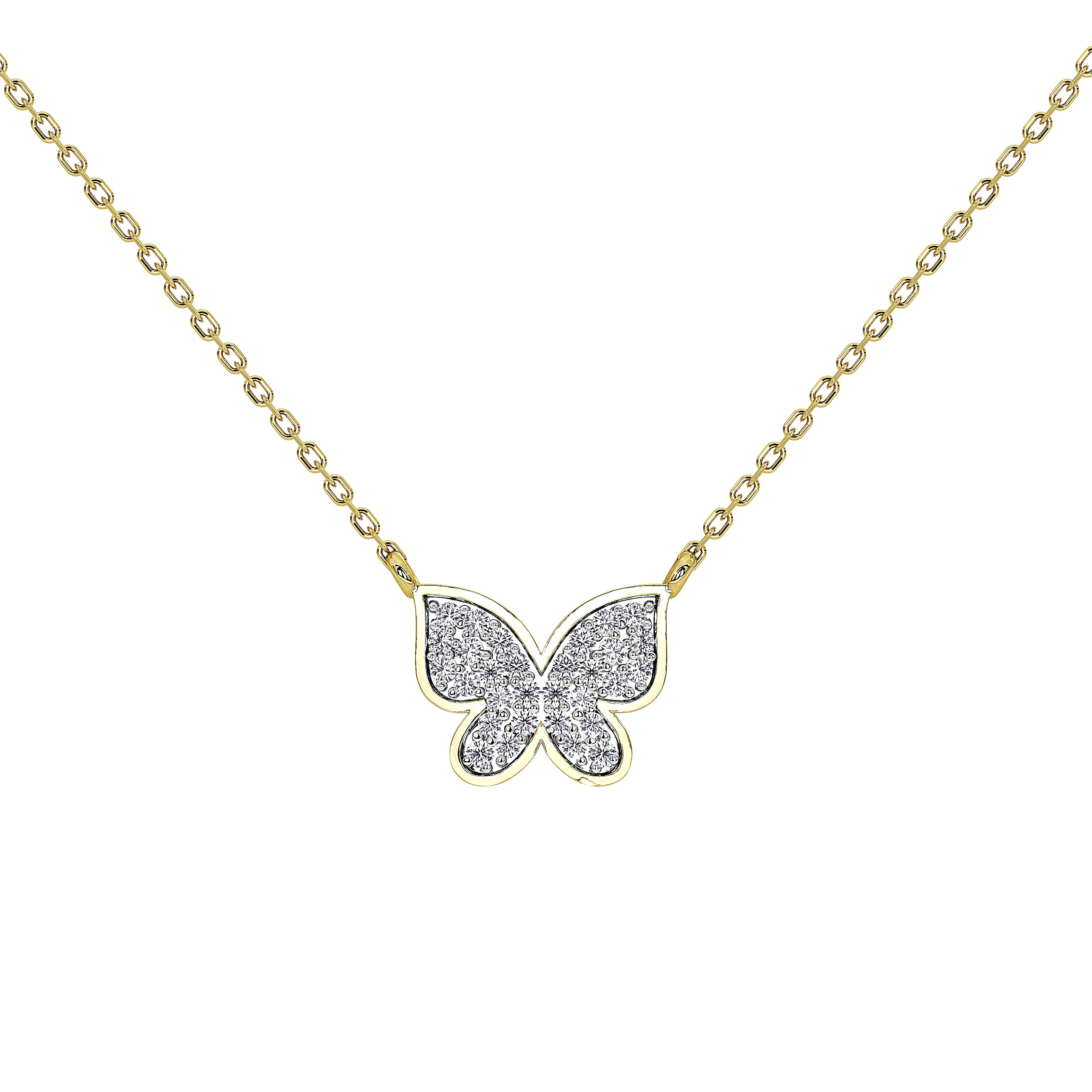 A delicate gold chain necklace featuring a butterfly pendant paved with clear stones, set against a solid white background.