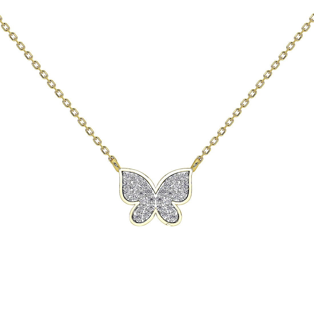 A delicate gold chain necklace featuring a butterfly pendant paved with clear stones, set against a solid white background.