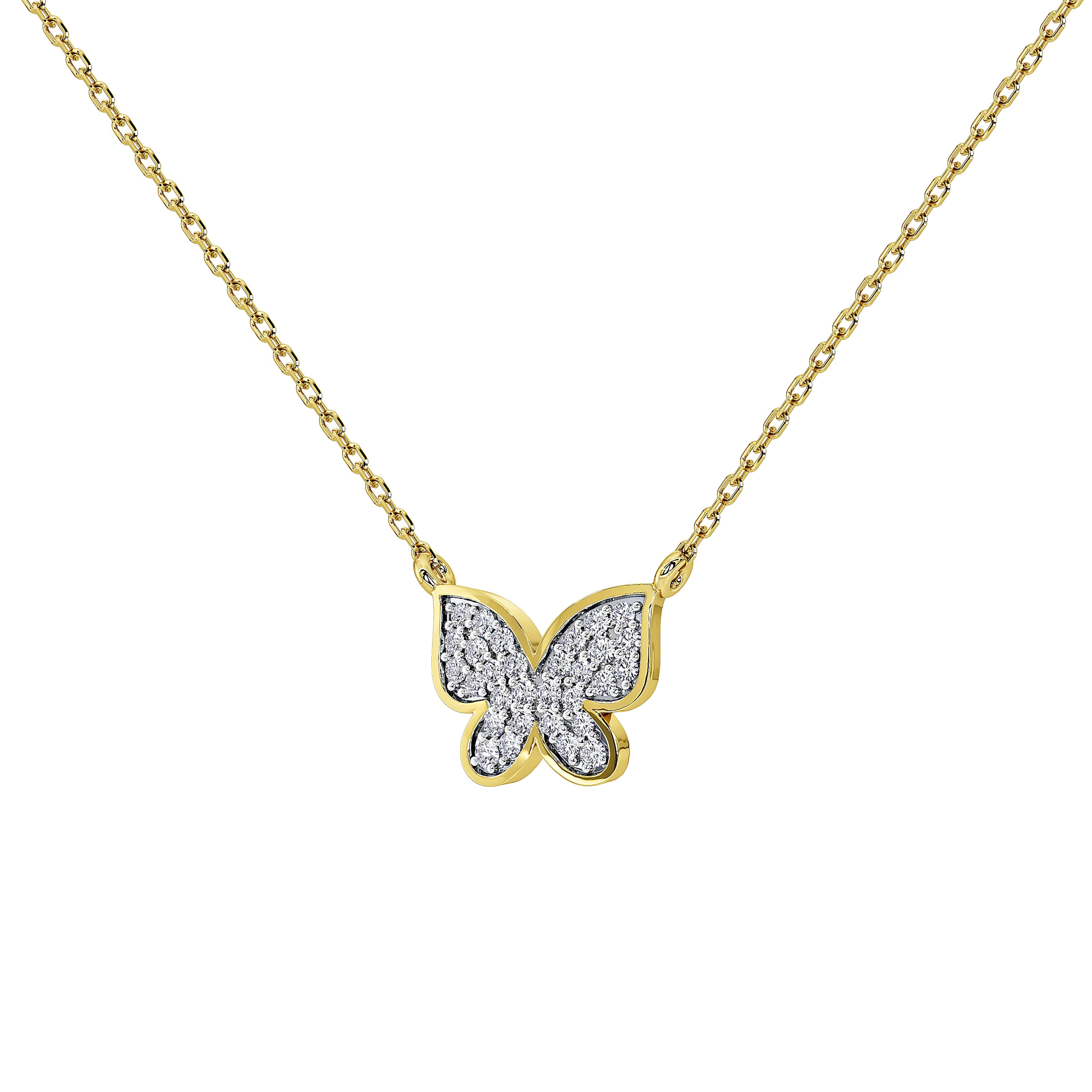 A gold chain necklace with a butterfly pendant paved with small clear stones, shown on a plain white background.