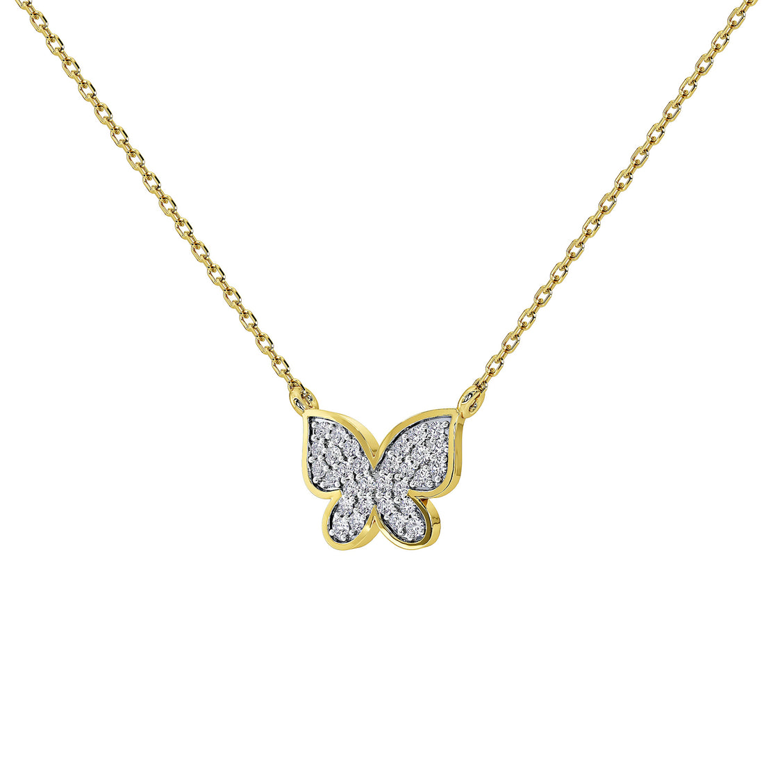 A gold chain necklace with a butterfly pendant paved with small clear stones, shown on a plain white background.