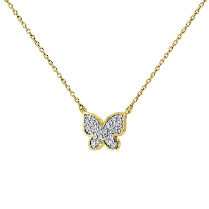 A gold chain necklace with a butterfly pendant paved with small clear stones, shown on a plain white background.