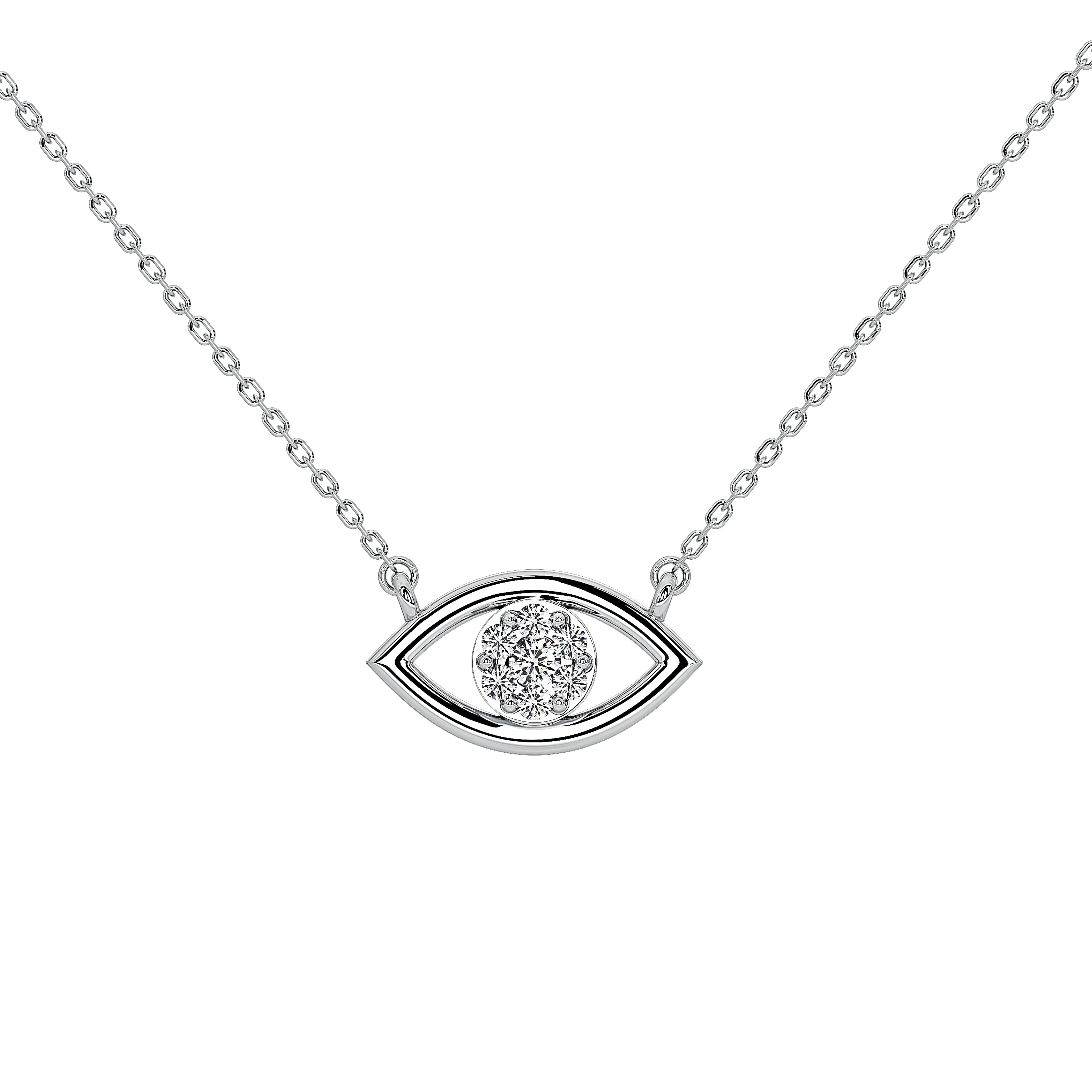 A silver evil eye pendant necklace featuring a small cluster of clear stones in the center, suspended from a delicate silver ball chain against a solid white background.