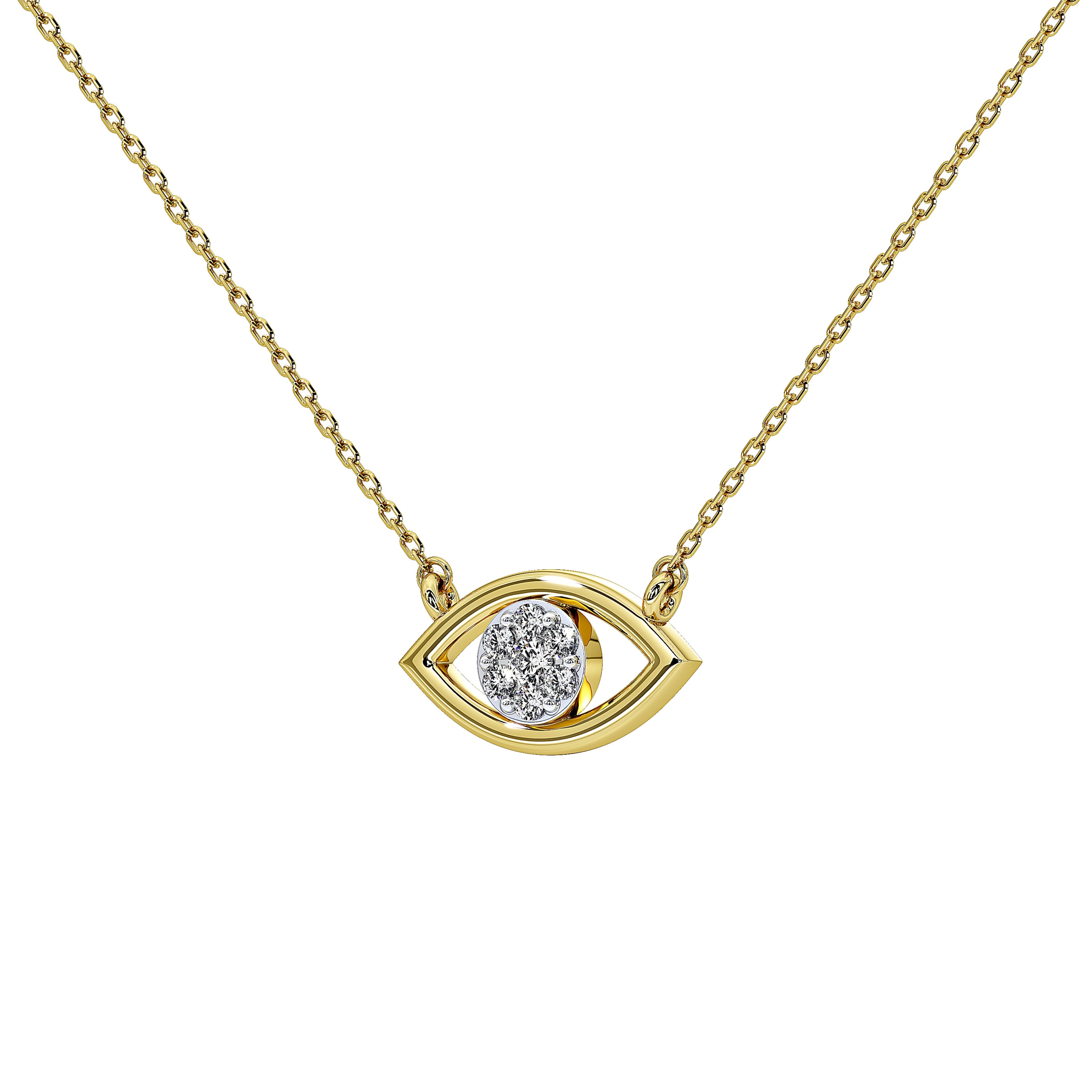A gold-tone evil eye pendant necklace with a small cluster of clear stones in the center, shown on a clean white background.