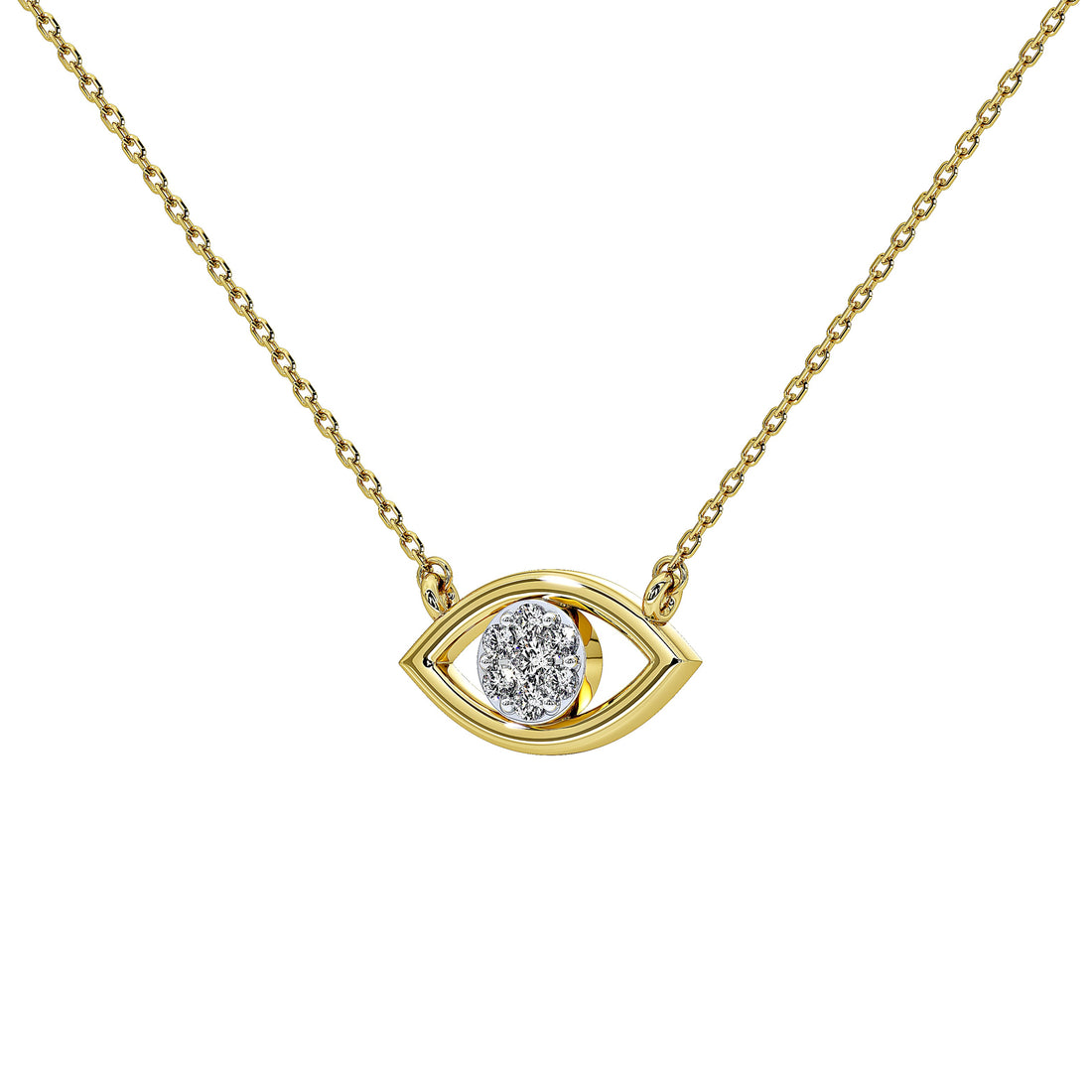 A gold-tone evil eye pendant necklace with a small cluster of clear stones in the center, shown on a clean white background.