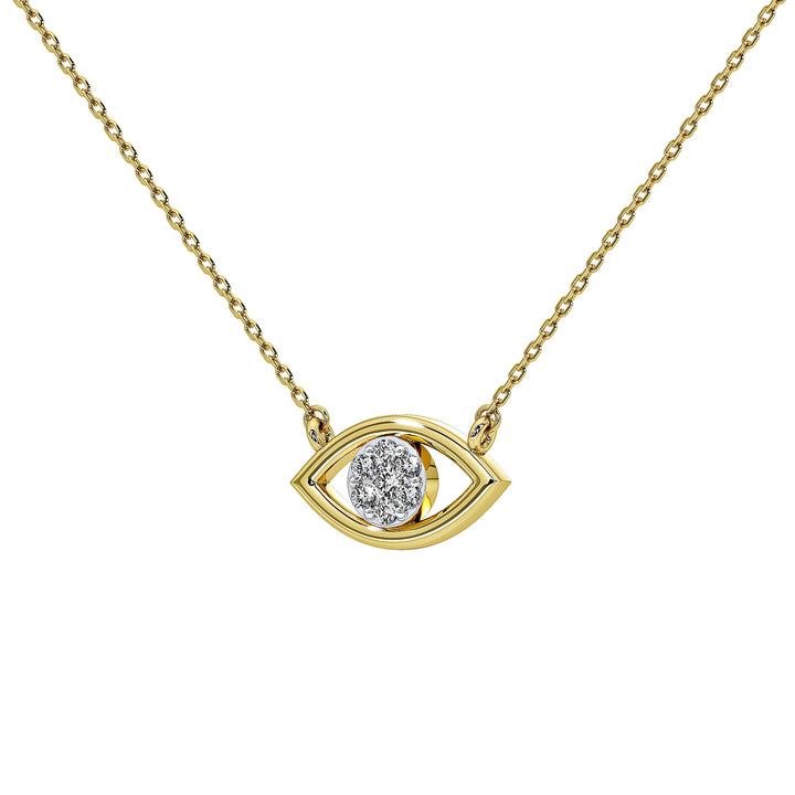 A gold-tone evil eye pendant necklace with a small cluster of clear stones in the center, shown on a clean white background.