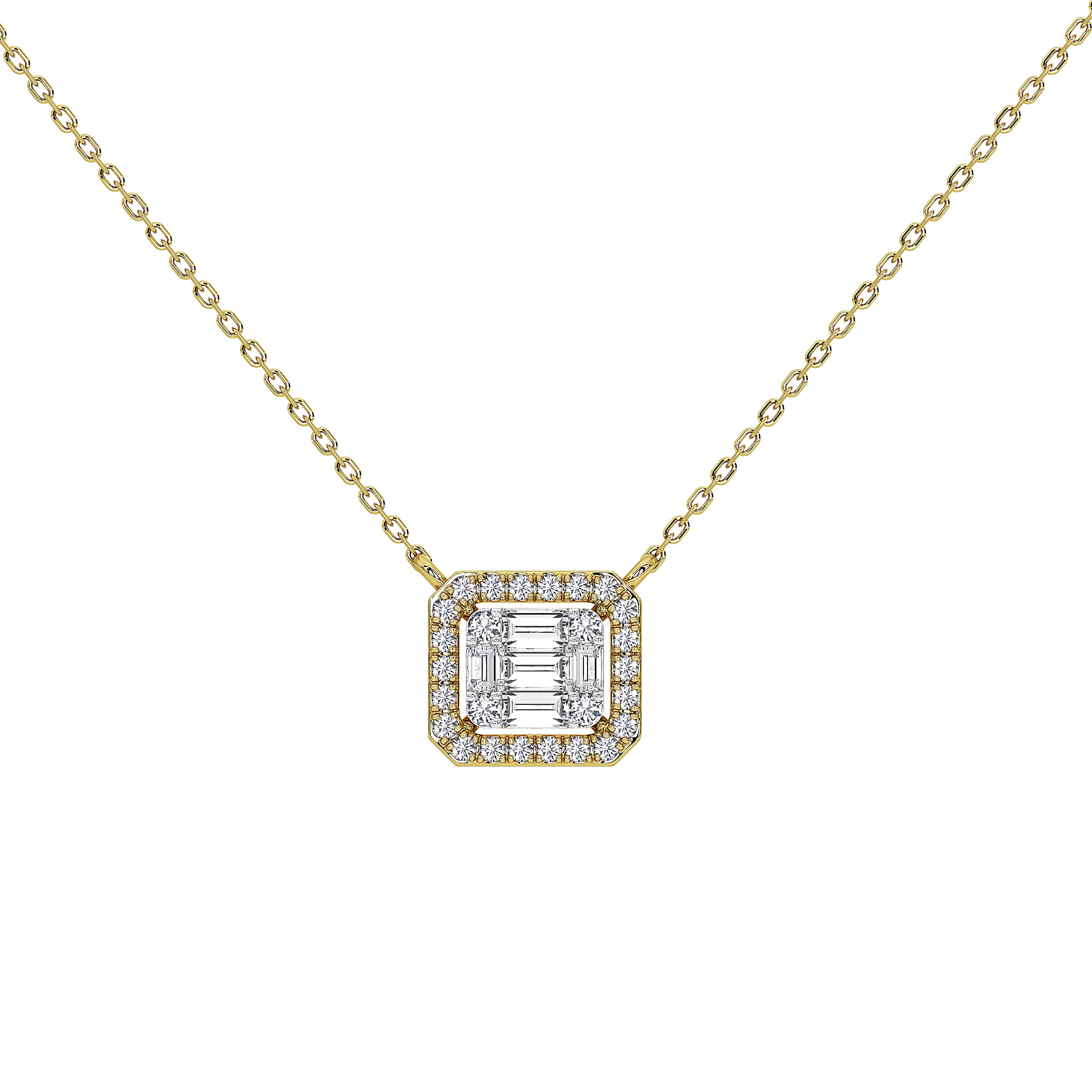 A gold necklace with a square pendant featuring a central baguette-cut clear gemstone surrounded by a halo of smaller round stones, shown on a plain white background.
