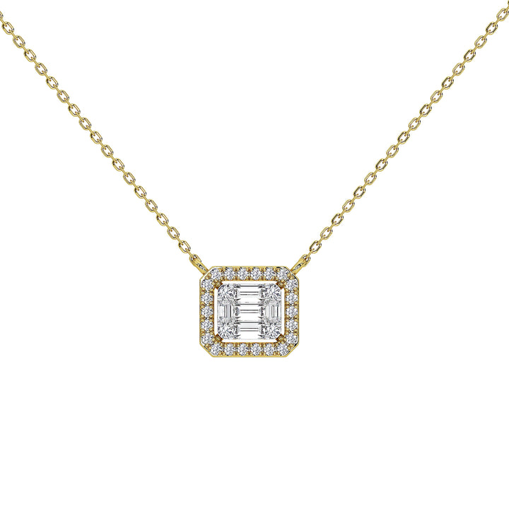 A gold necklace with a square pendant featuring a central baguette-cut clear gemstone surrounded by a halo of smaller round stones, shown on a plain white background.