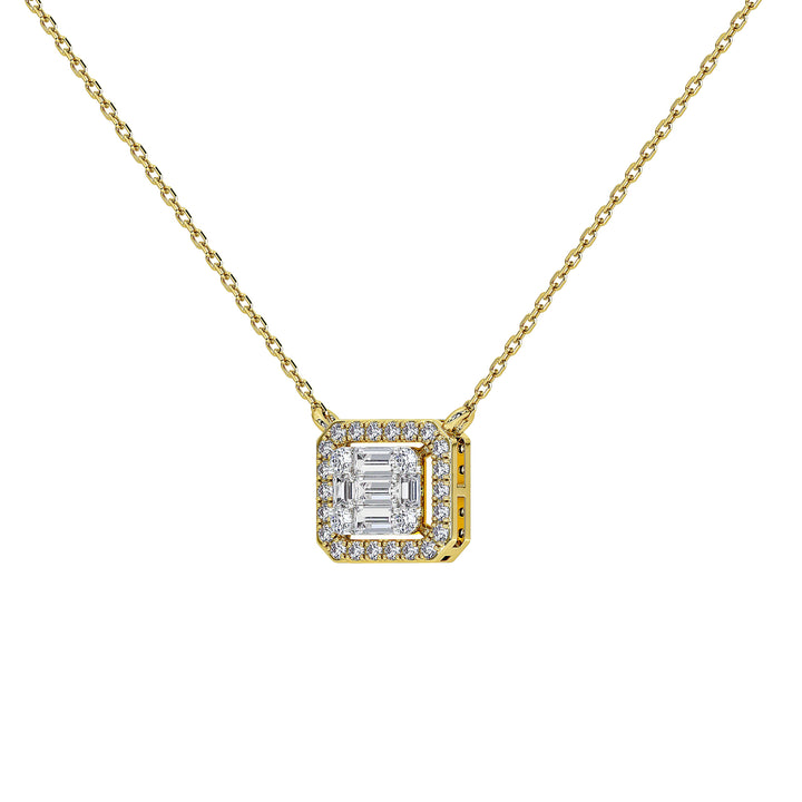 A gold chain necklace with a square pendant featuring a large emerald-cut clear center stone surrounded by a halo of small clear stones, shown on a plain white background.