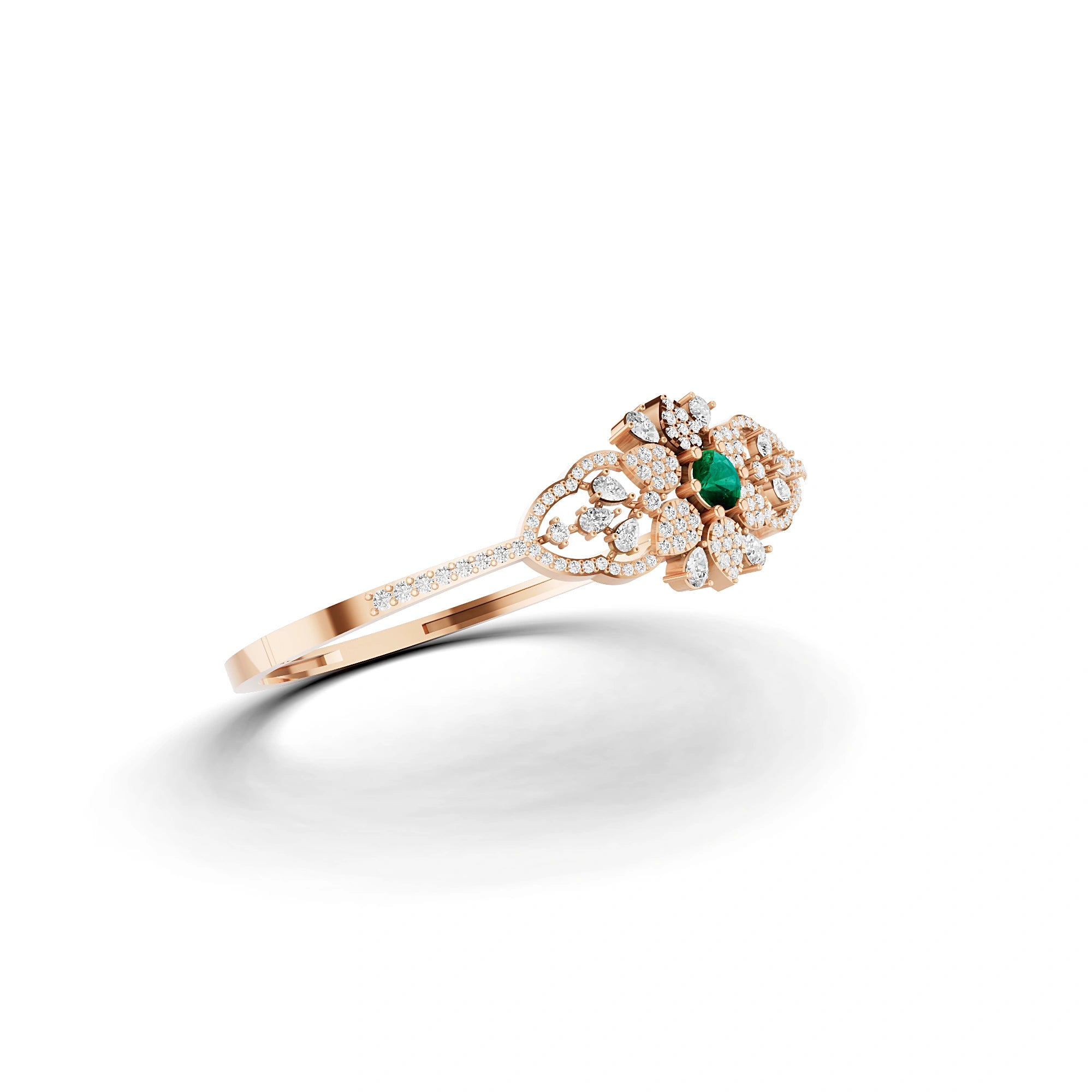 Lab Grown Emerald and Diamond Floral Cluster Bracelet in Rose Gold – Angled View