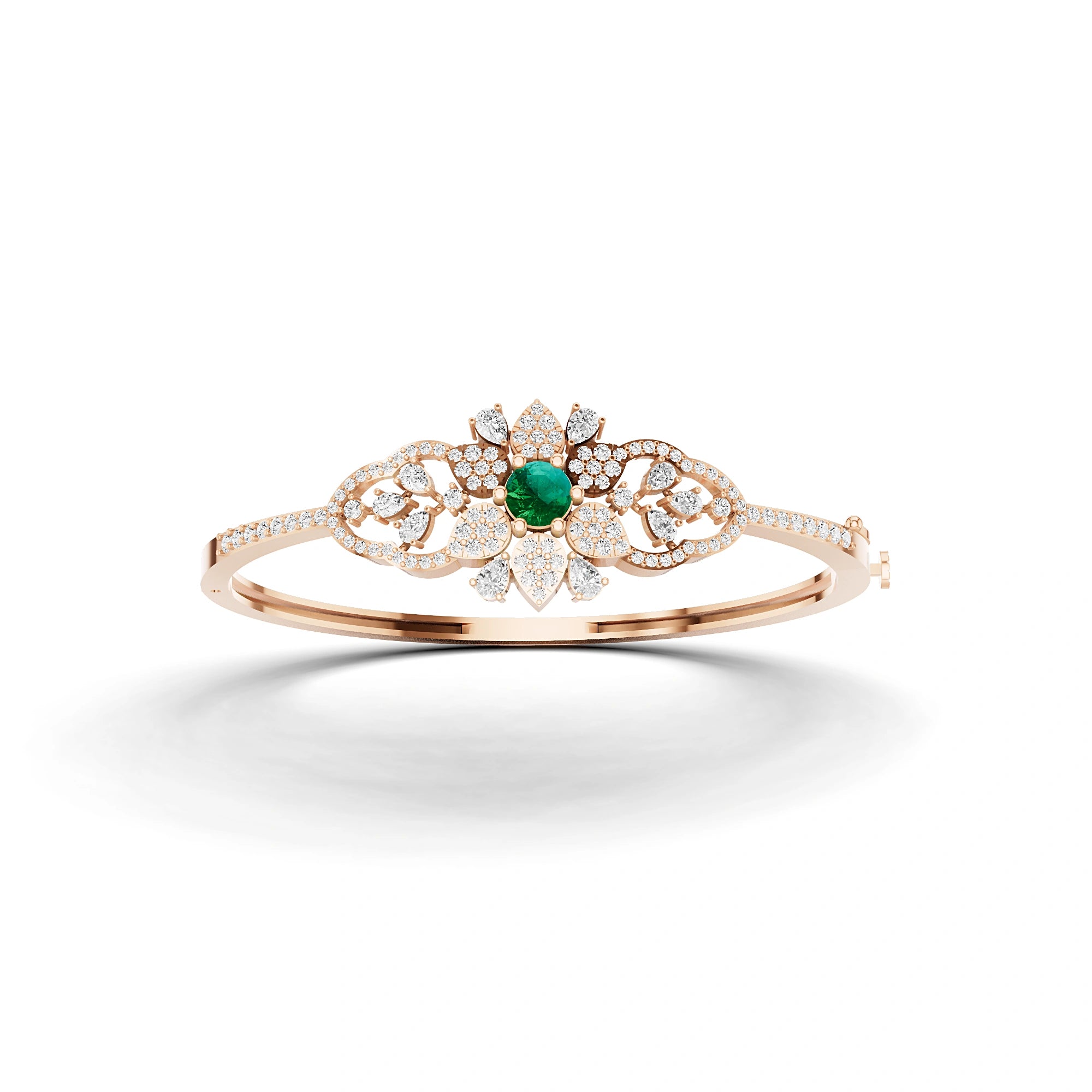 Lab Grown Emerald and Diamond Floral Cluster Bracelet in Rose Gold – Front View