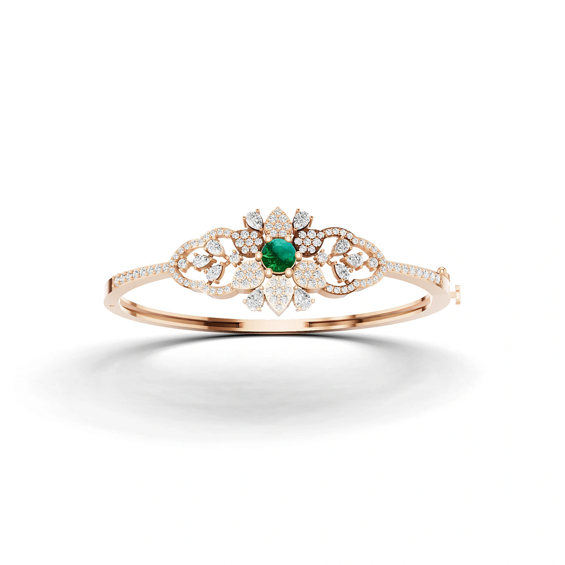 Lab Grown Emerald and Diamond Floral Cluster Bracelet in Rose Gold – Front View