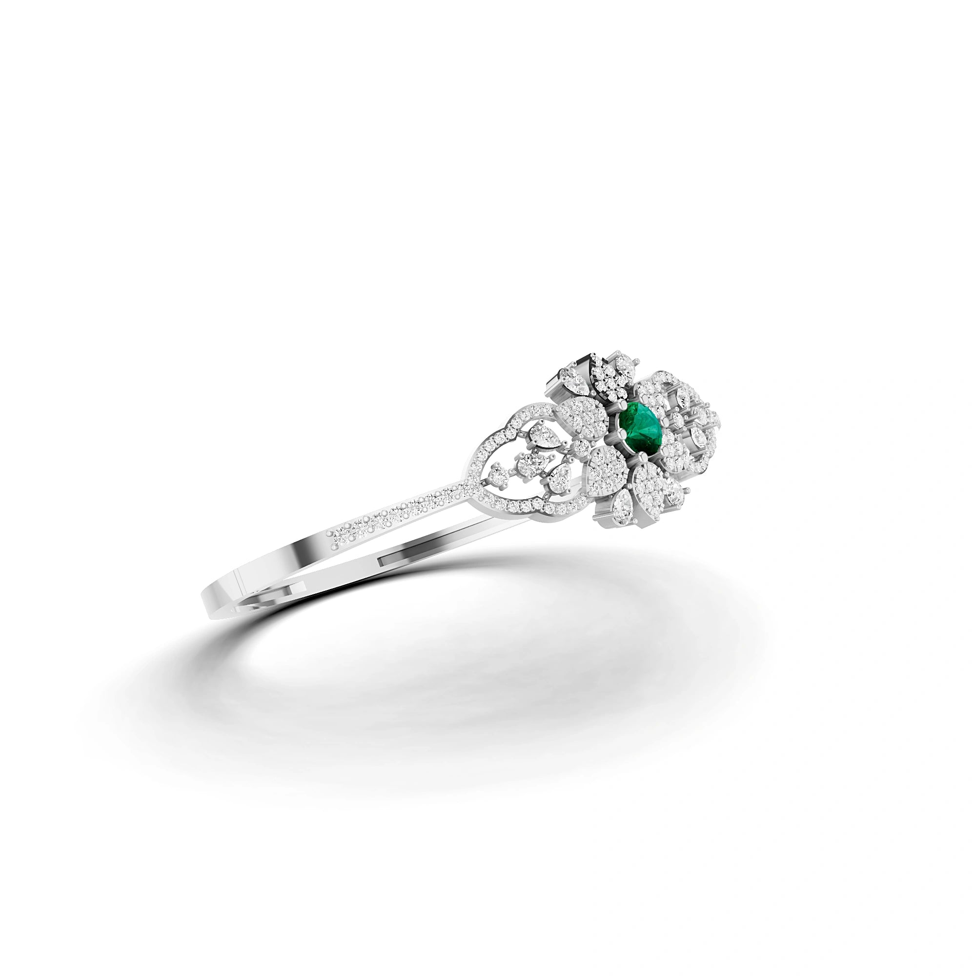 Lab Grown Emerald and Diamond Floral Cluster Bracelet in White Gold – Angled View