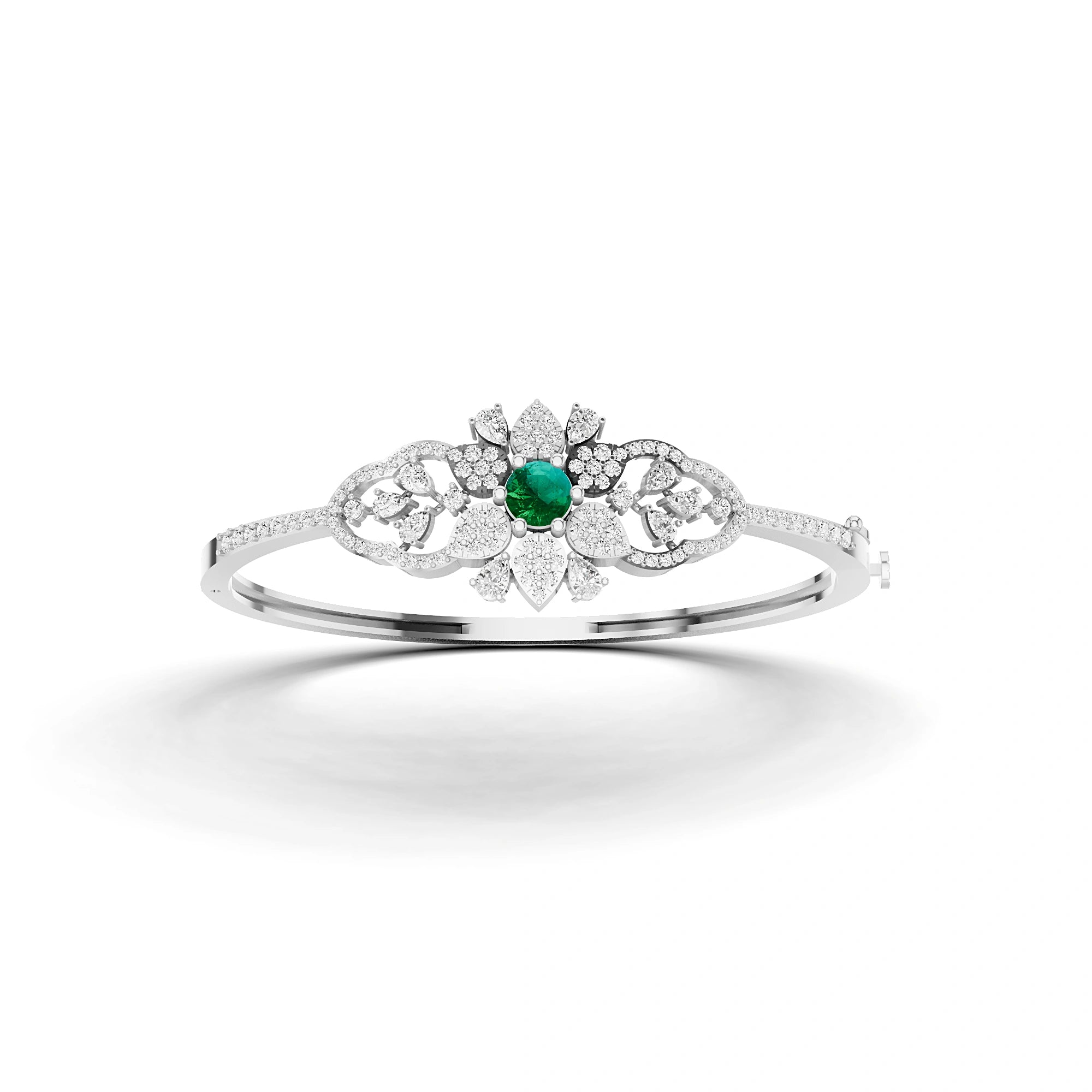 Lab Grown Emerald and Diamond Floral Cluster Bracelet in White Gold – Front View