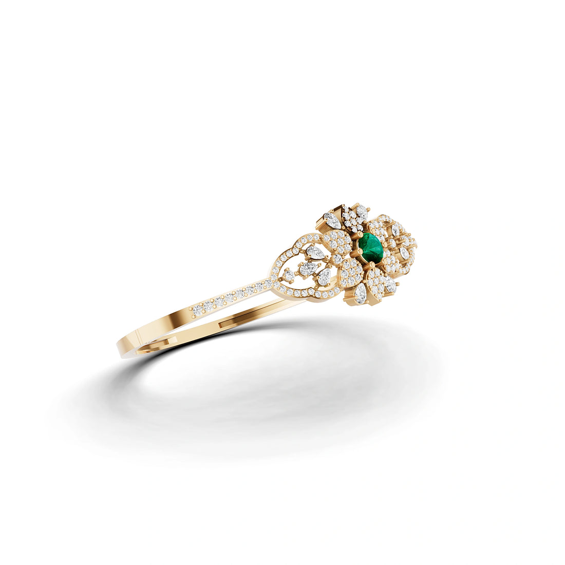 Lab Grown Emerald and Diamond Floral Cluster Bracelet in Yellow Gold – Angled View