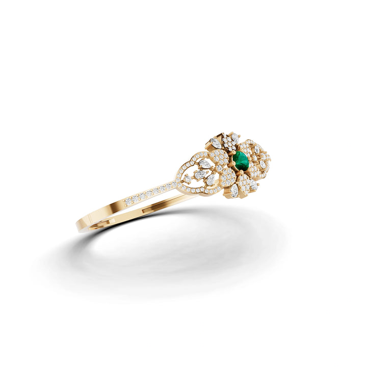 Lab Grown Emerald and Diamond Floral Cluster Bracelet in Yellow Gold – Angled View