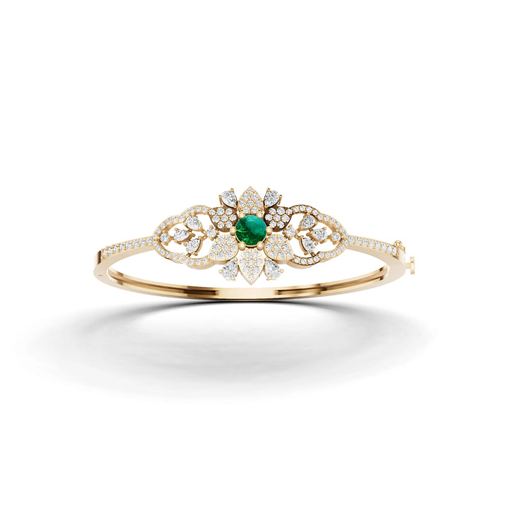 Lab Grown Emerald and Diamond Floral Cluster Bracelet in Yellow Gold – Front View