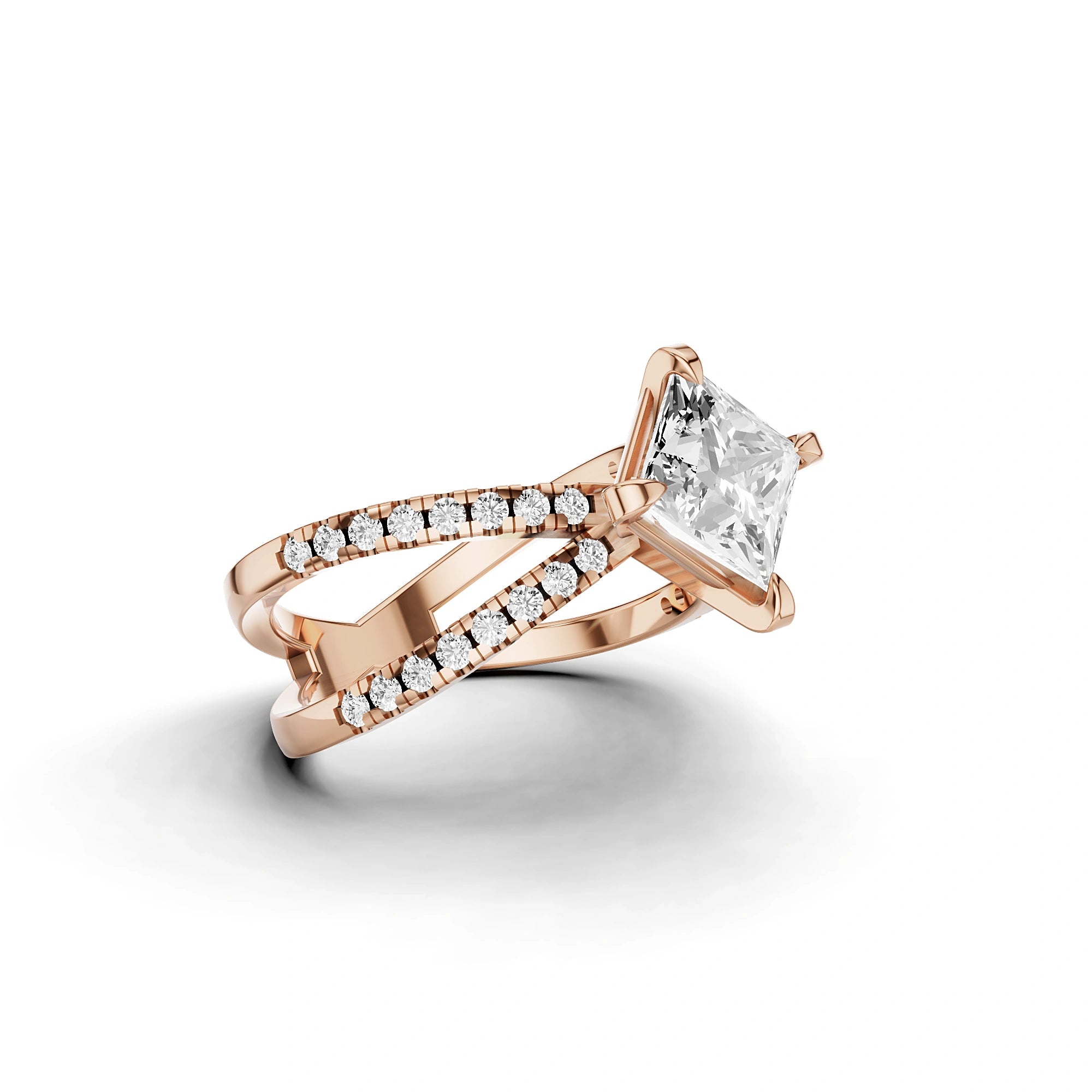 Lab Grown Princess Diamond Criss-Cross Ring in Rose Gold – Angled View