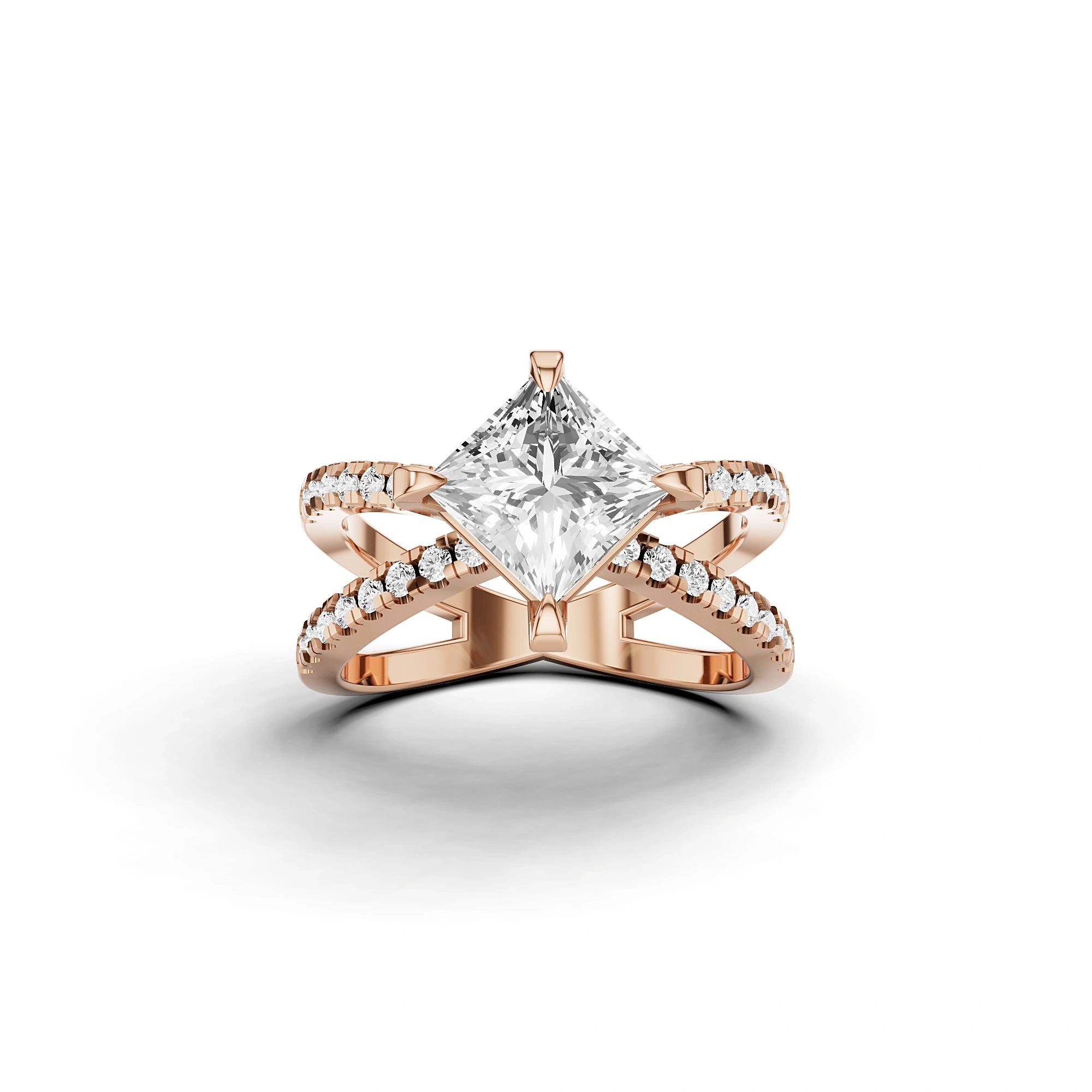 Lab Grown Princess Diamond Criss-Cross Ring in Rose Gold – Front View
