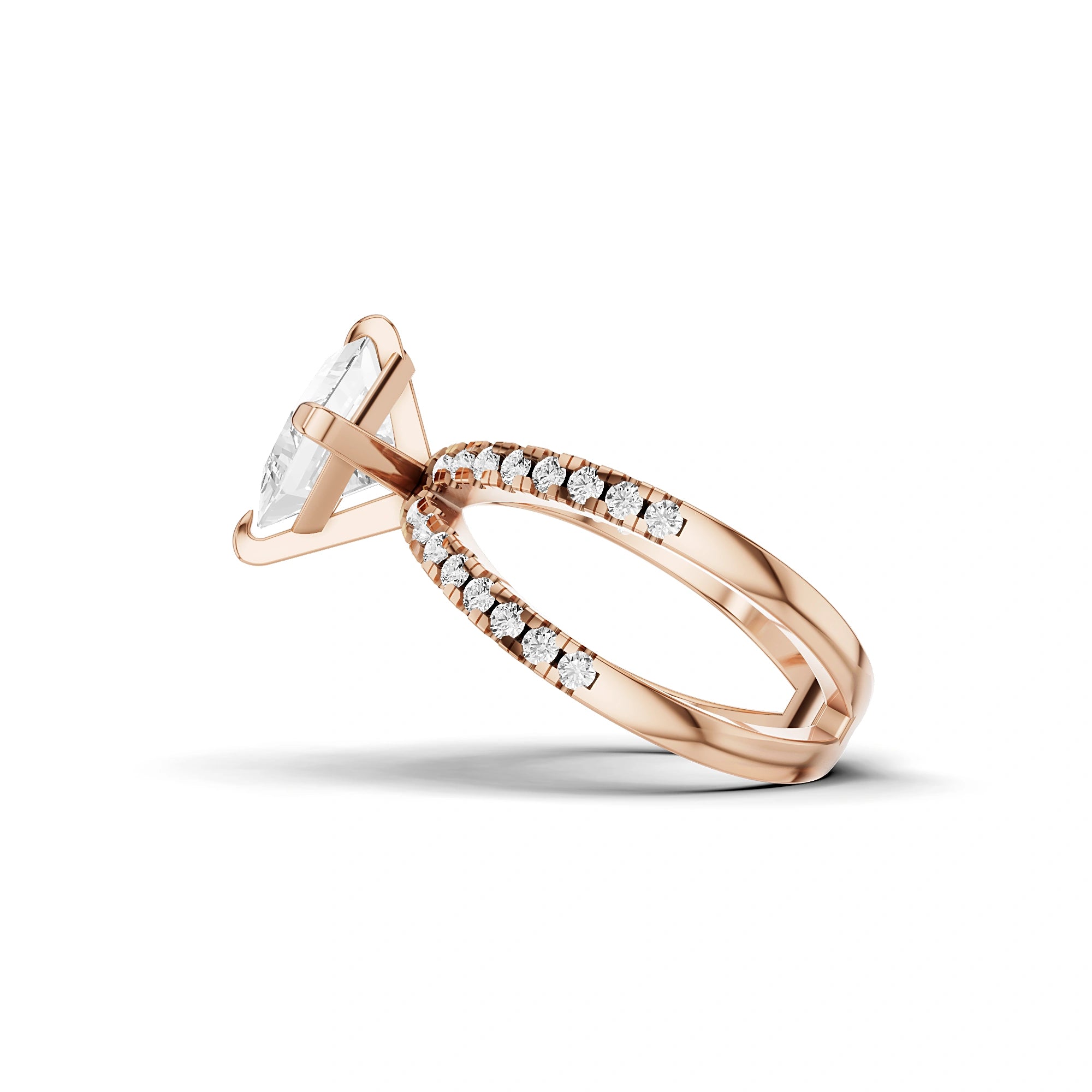 Lab Grown Princess Diamond Criss-Cross Ring in Rose Gold – Pave Diamond Band Close-Up