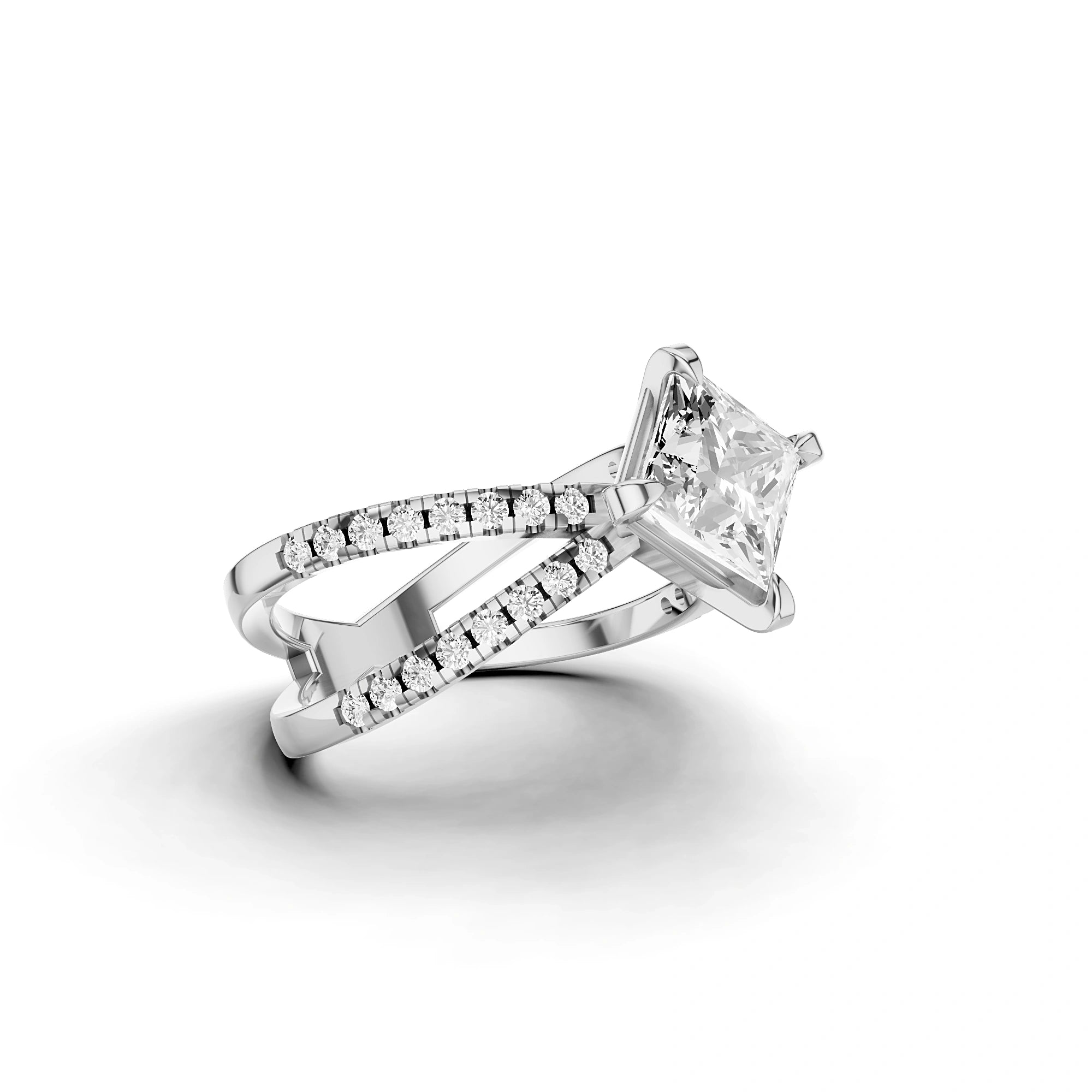 Lab Grown Princess Diamond Criss-Cross Ring in White Gold – Angled View