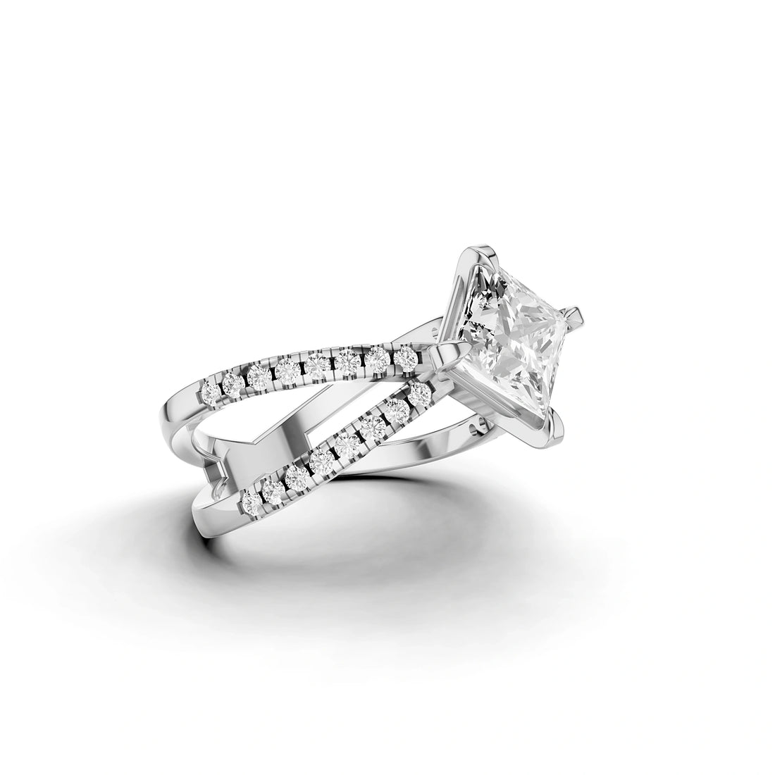 Lab Grown Princess Diamond Criss-Cross Ring in White Gold – Angled View