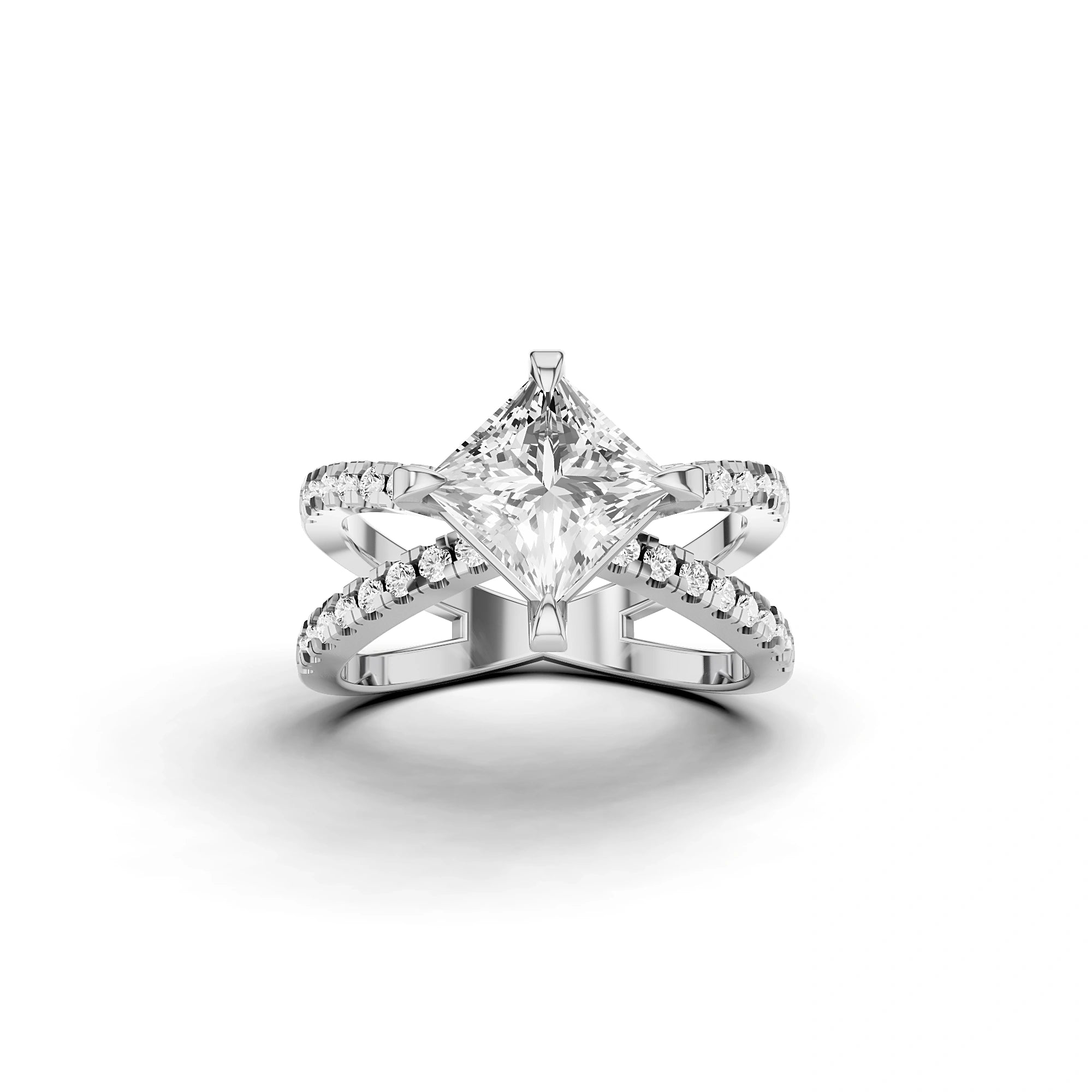 Lab Grown Princess Diamond Criss-Cross Ring in White Gold – Front View