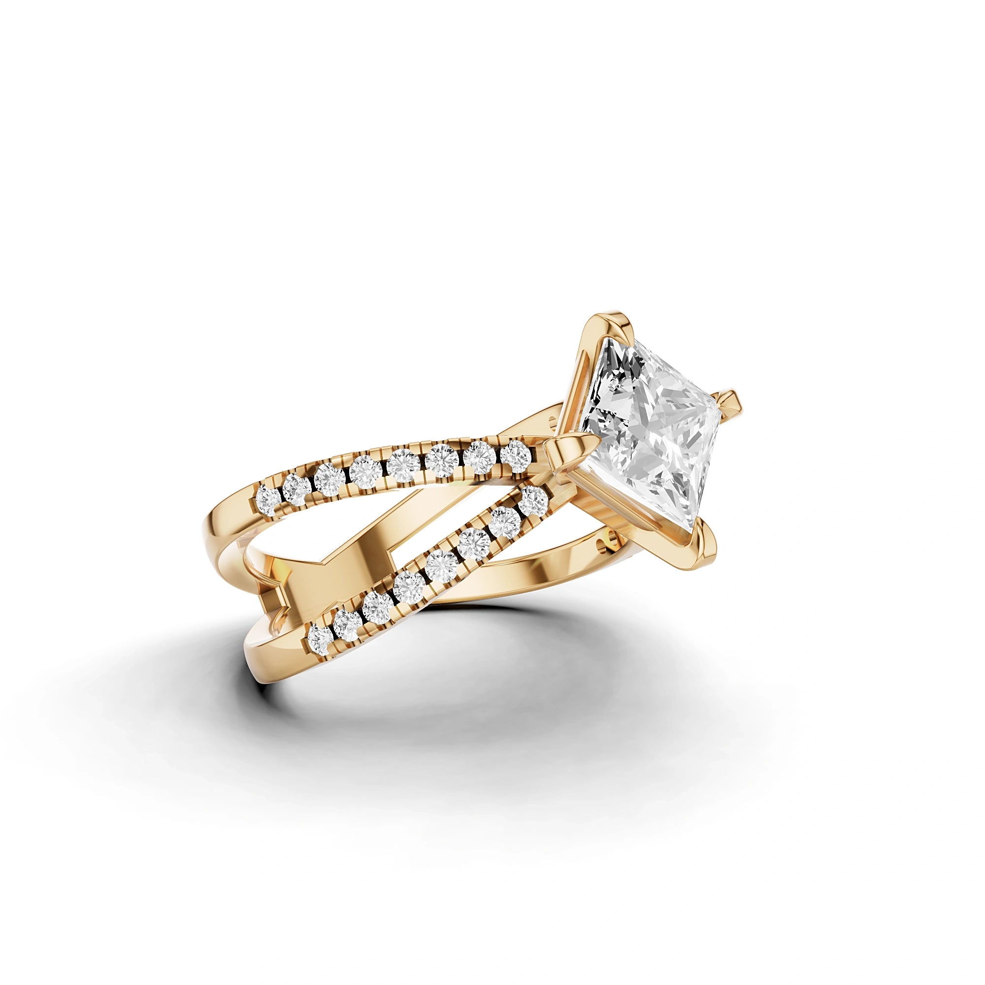 Lab Grown Princess Diamond Criss-Cross Ring in Yellow Gold – Angled View