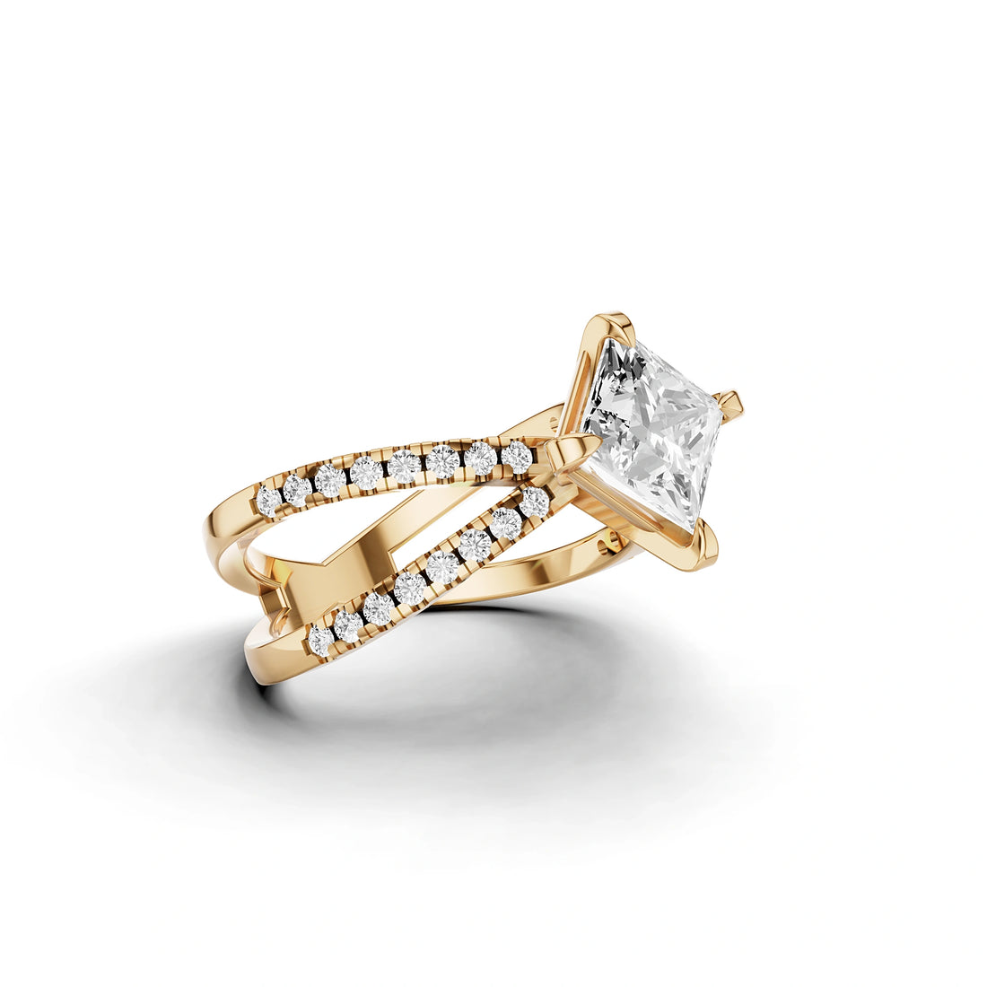 Lab Grown Princess Diamond Criss-Cross Ring in Yellow Gold – Angled View