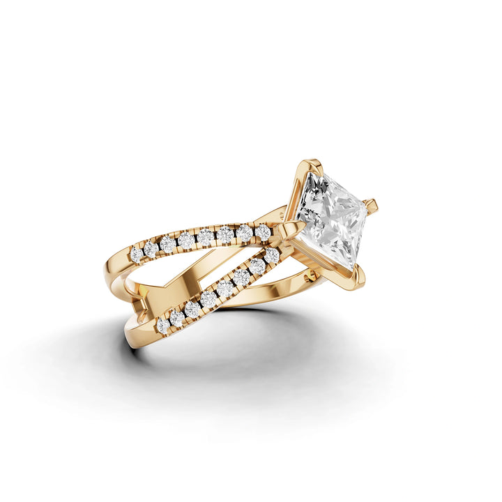 Lab Grown Princess Diamond Criss-Cross Ring in Yellow Gold – Angled View