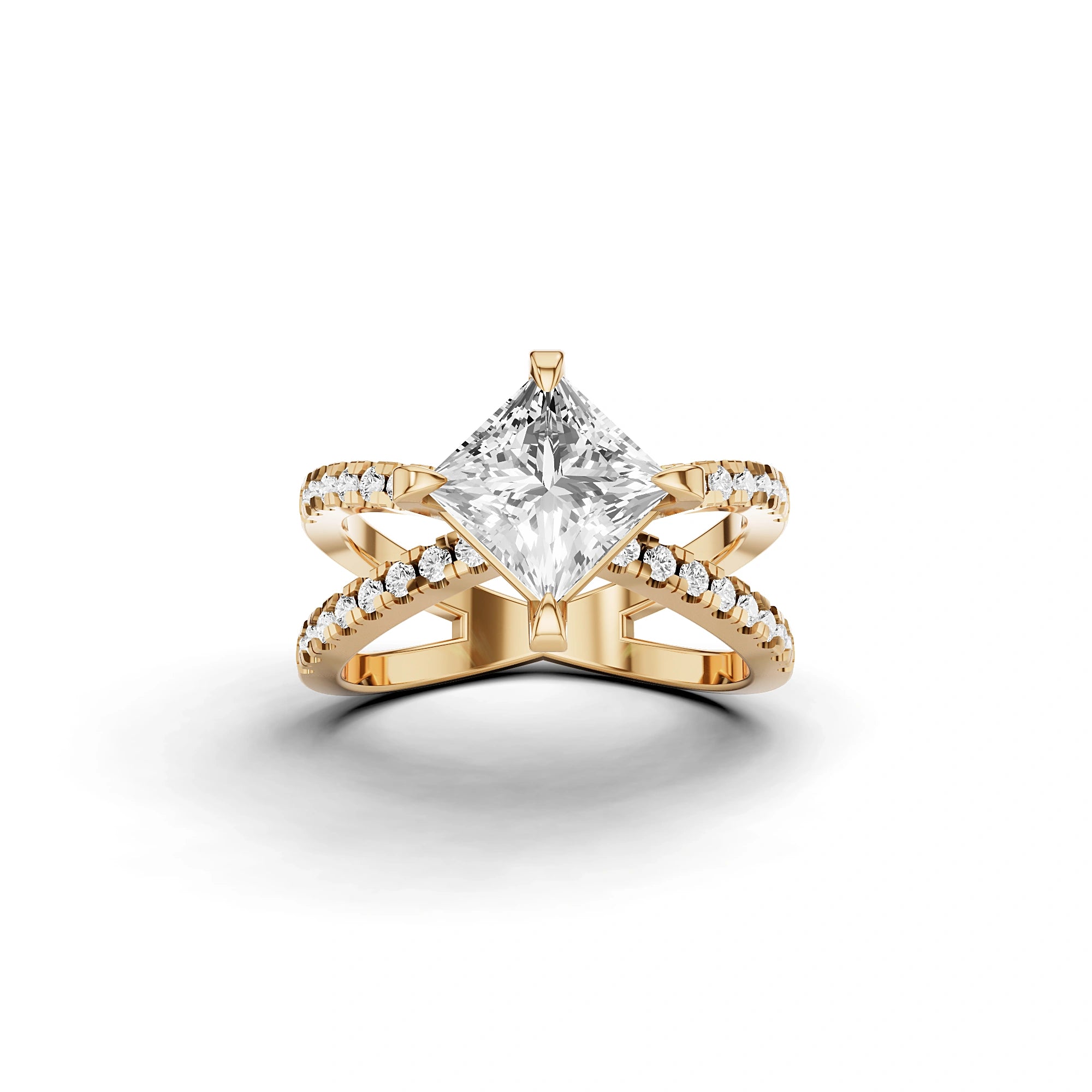 Lab Grown Princess Diamond Criss-Cross Ring in Yellow Gold – Front View