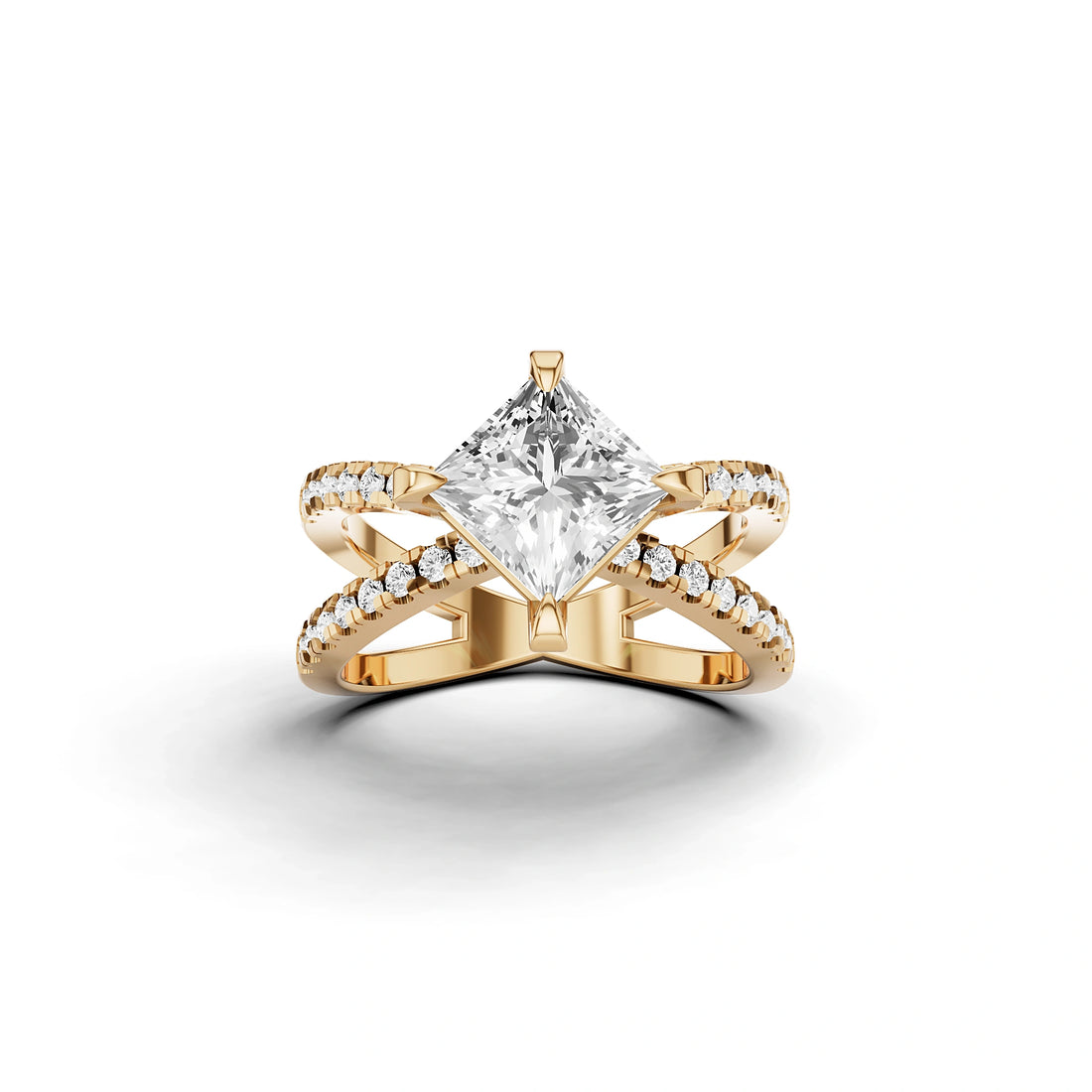 Lab Grown Princess Diamond Criss-Cross Ring in Yellow Gold – Front View