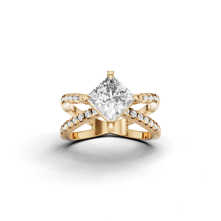Lab Grown Princess Diamond Criss-Cross Ring in Yellow Gold – Front View